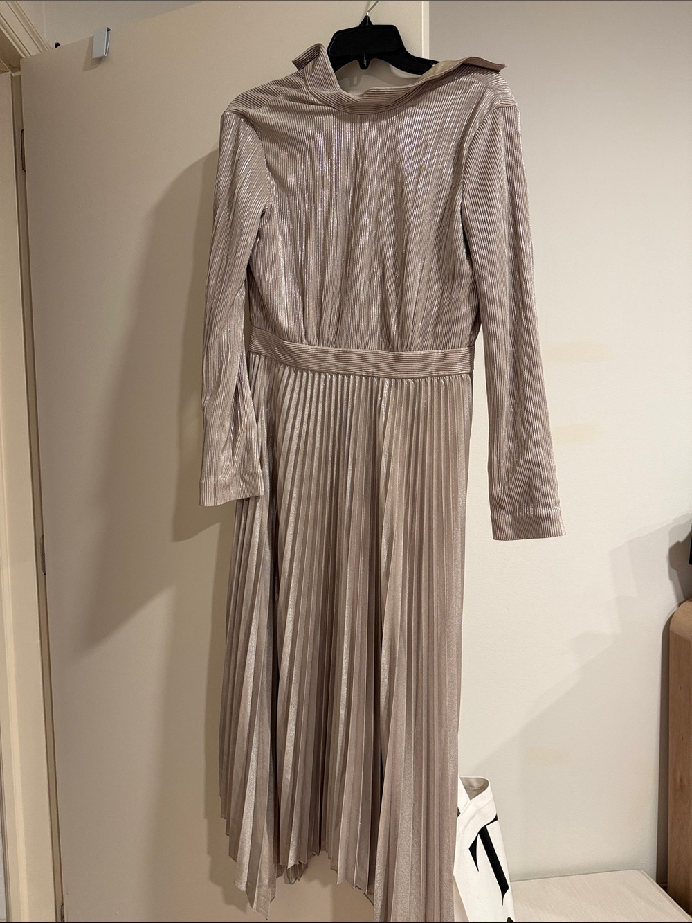 Jonathan Simkhai Metallic Pleated Cream Midi Dress